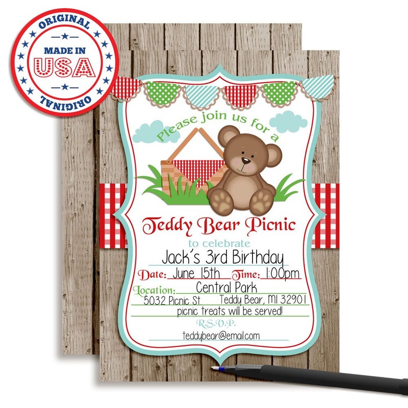 Amanda Creation Teddy Bear Picnic Birthday Party Invitations, 20 5x7 Fill In Cards with Twenty White Envelopes by AmandaCreation - Image 3